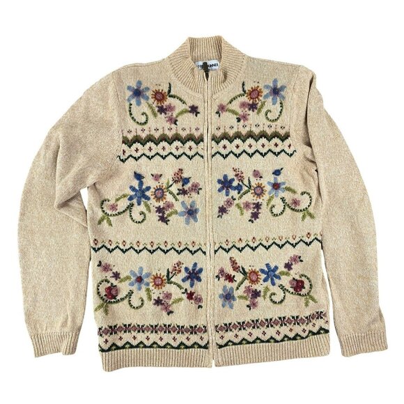 Alfred Dunner Zip Cardigan Sweater Beige Petite Small Floral Embroidered JH1784 - Picture 1 of 5